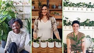 3 women photographed with plants for an article on plant delivery in Canada.