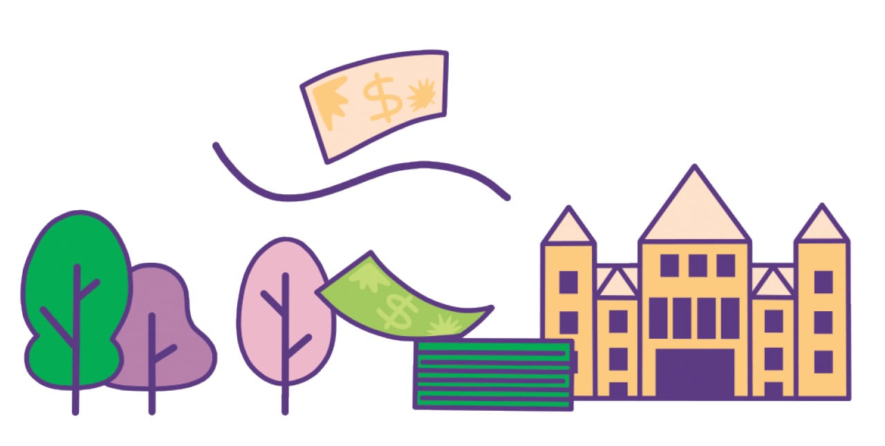 Illustration of the parliament building and money flying in front of it