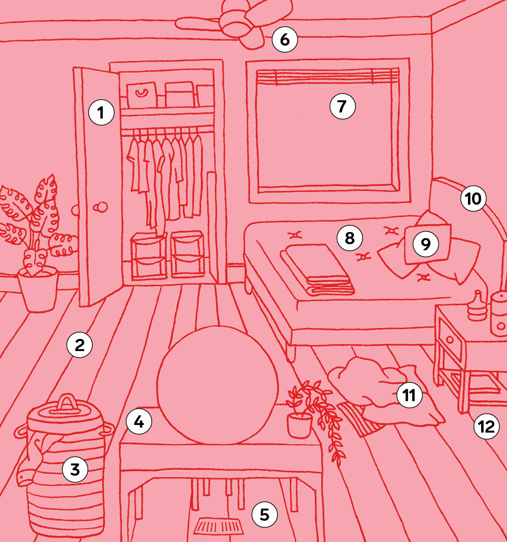 An illustration of a bedroom for a round-up of bedroom cleaning tips.