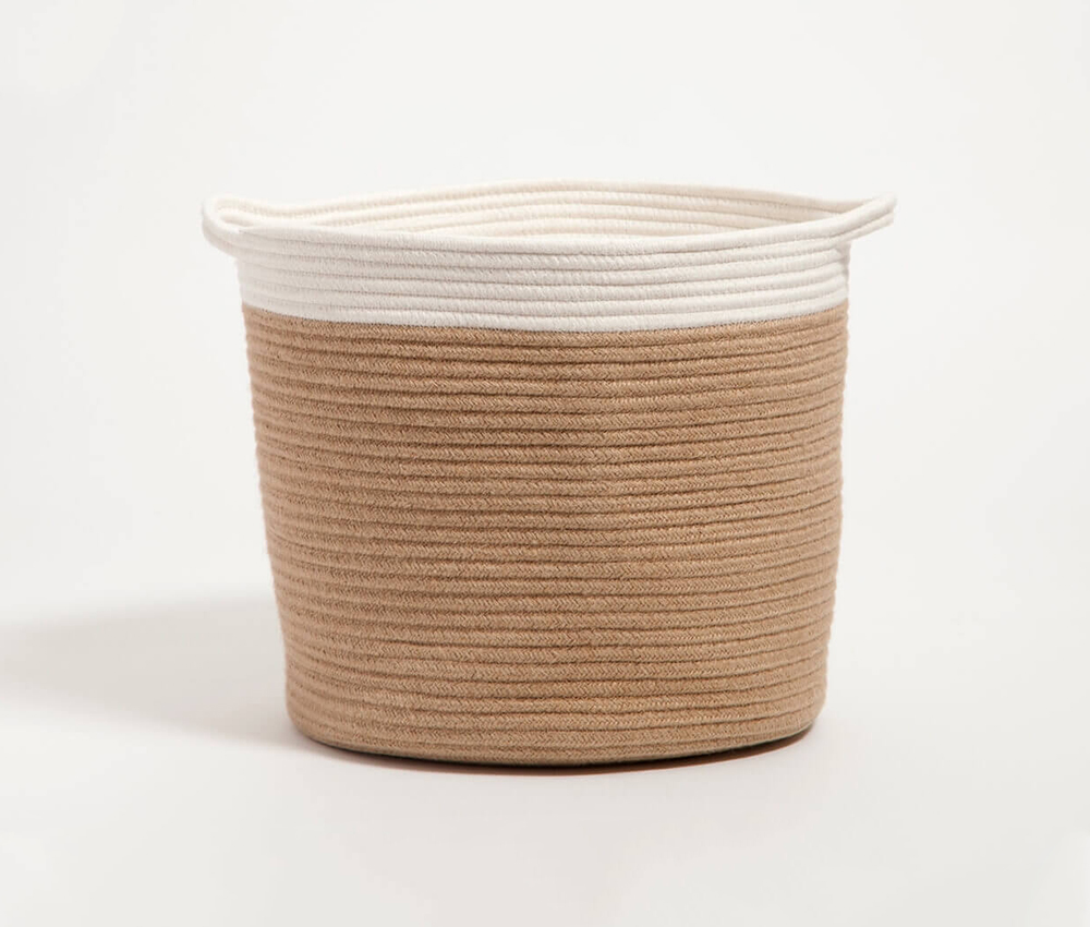 Laundry hamper made from cotton and linen for a round-up of laundry products from Canadian brands.