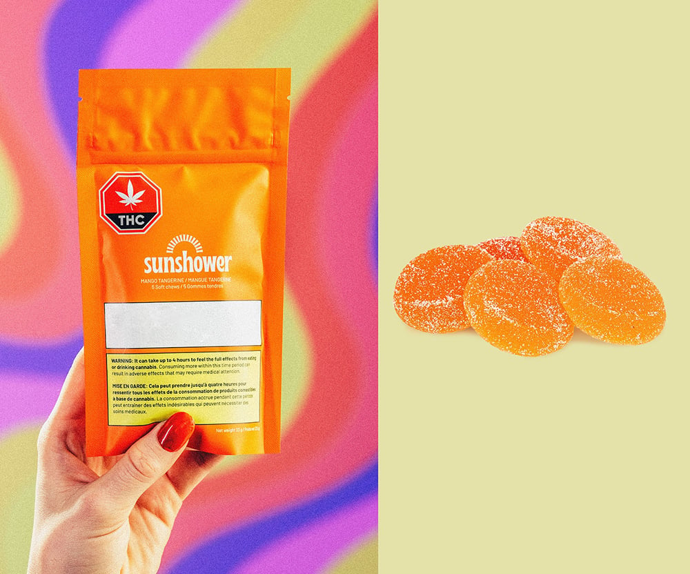 A composite image of a hand holding a package of Sunshower Mango Tangerine Soft Chews and then a close-up of the orange weed gummies on the right