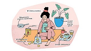 An illustration of a woman surrounded by snacks