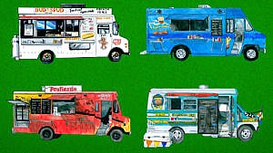 Illustrations of multiple food trucks