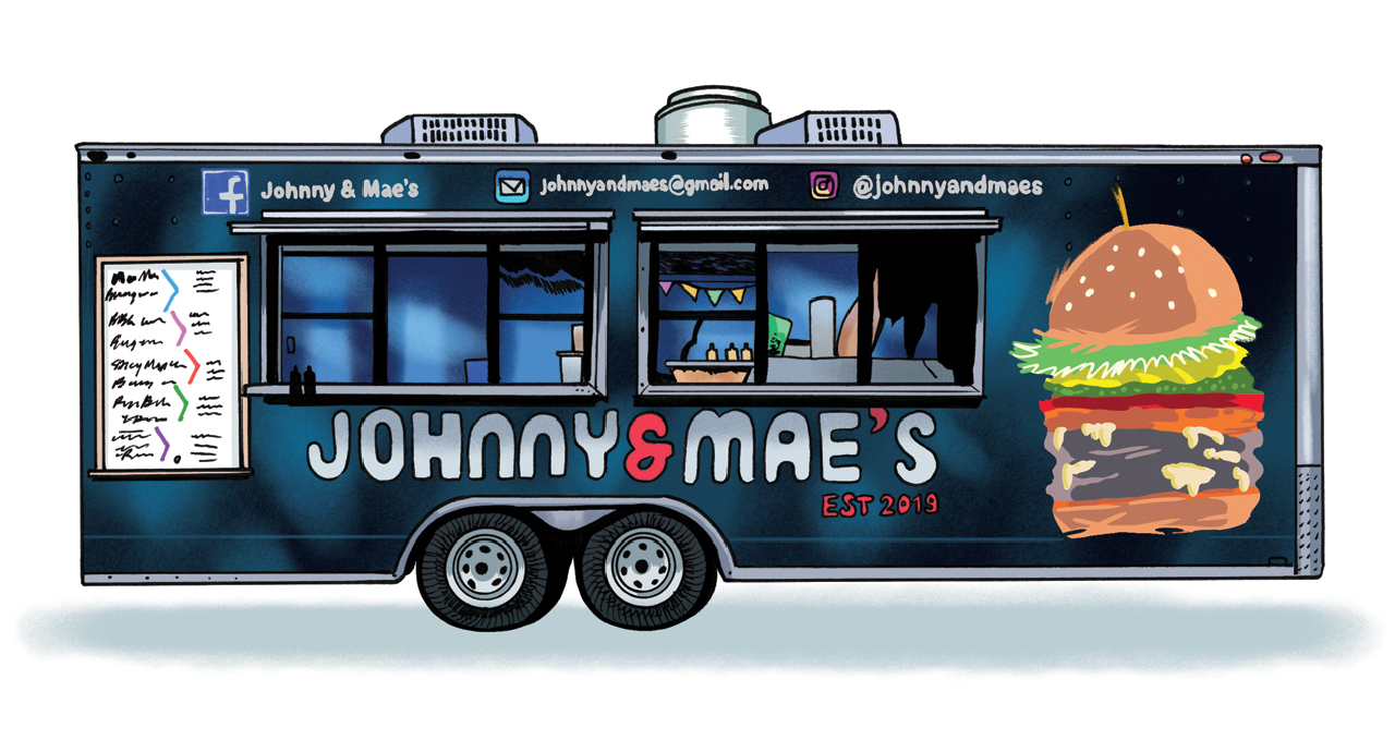 A food truck outfitted from a trailer; Johnny & Mae's, burger decal