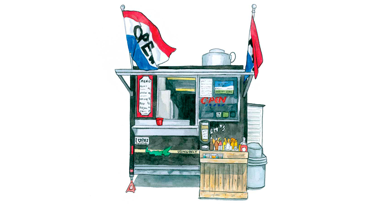 Illustration of a food stand, with waving flag decorations atop