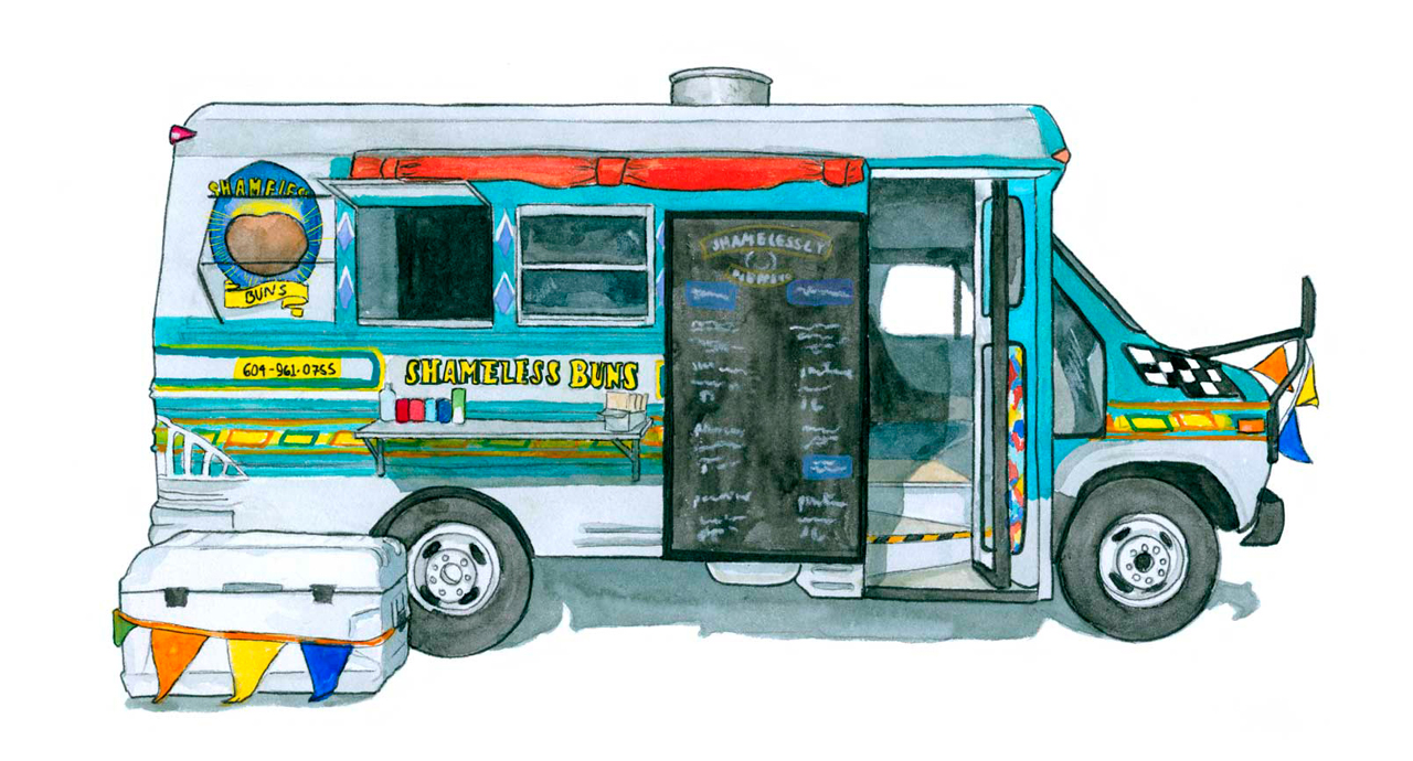 Illustration of a food truck, titled Shameless Buns
