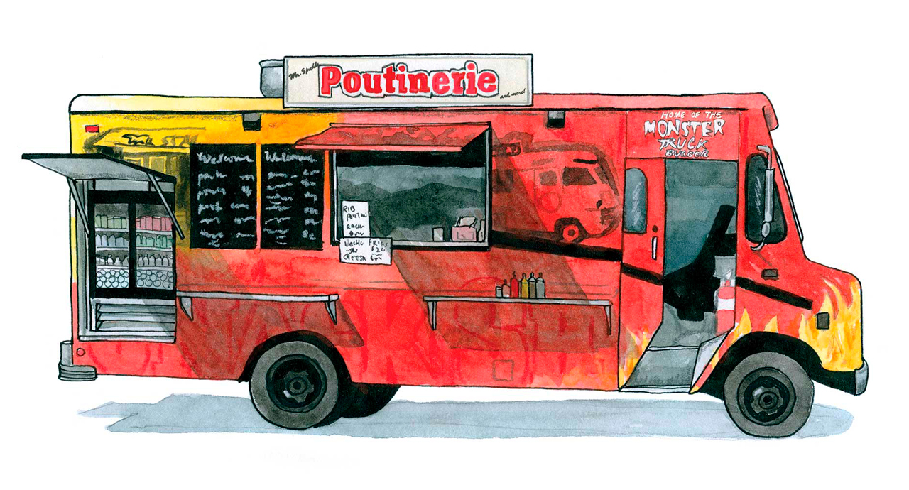 Illustration of food truck, Mr. Spuds Poutinerie - flame decals abound