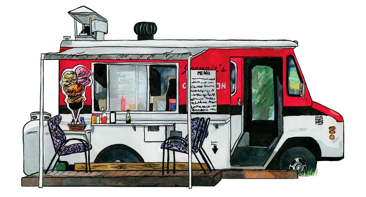 Illustration of food truck Jeannie's fires, paired with ice cream decals