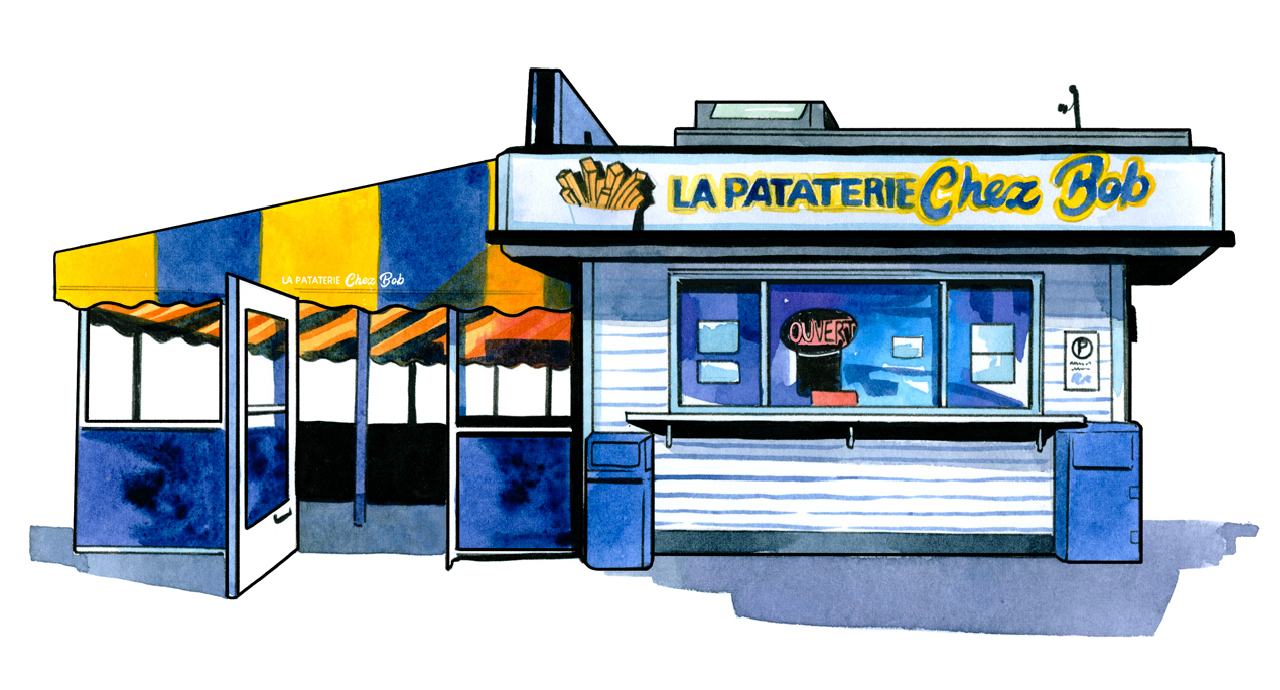 Illustration of La Pataterie, food shack with a covered patio