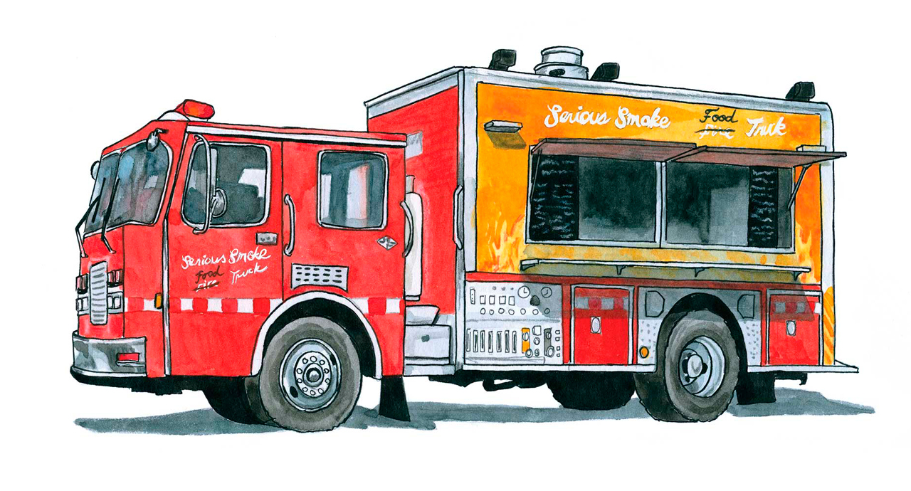 Illustration of a fire truck outfitted to be a food truck - the Serious Smoke Food Truck