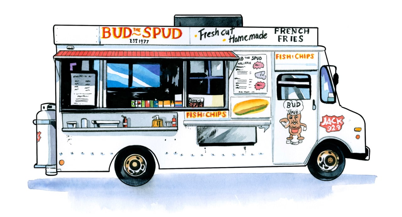 Illustration of a food truck, Bud the Spud, with potato and hot dog decals