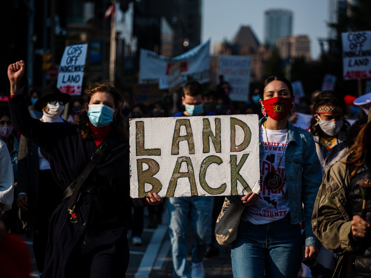 A photo of a march in support of #1492LandBackLane and all land defenders in Toronto, October 2020.