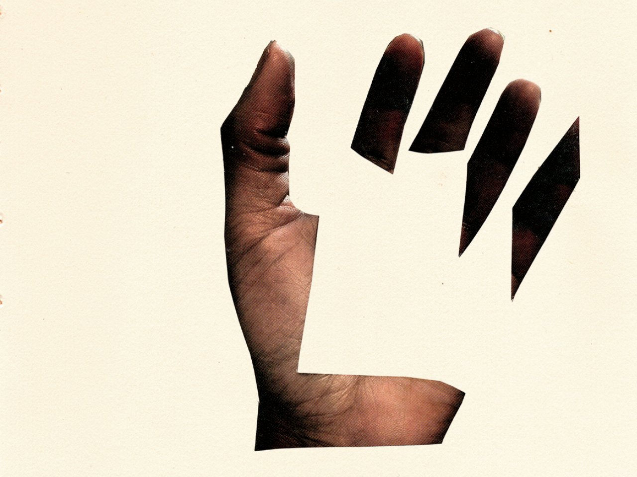 A photo illustration of a photo of a man's hand, cut out and arranged in pieces in the shape of a hand