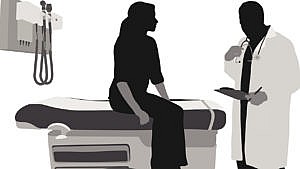 A vector silhouette illustration of a doctor reviewing a patient's symptoms with her.