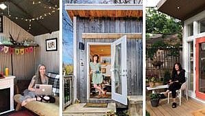 Three side-by-side photos of women in backyard shed offices.