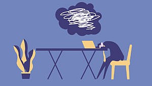 Illustration of person sitting at a desk infront of a laptop with their head down and a cloud above their head
