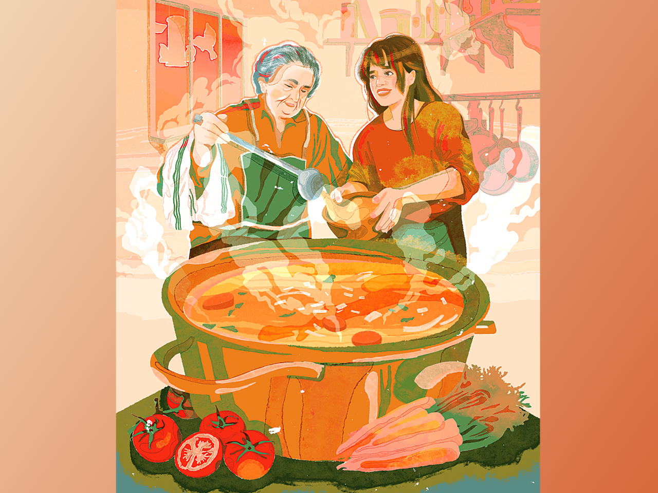 Carla ciccone and her nonna standing over a big pot of minestrone