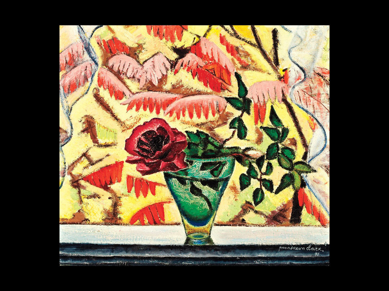 A photo of the painting "October Rose" by Paraskeva Clark, a red rose in a green vase on a yellow background