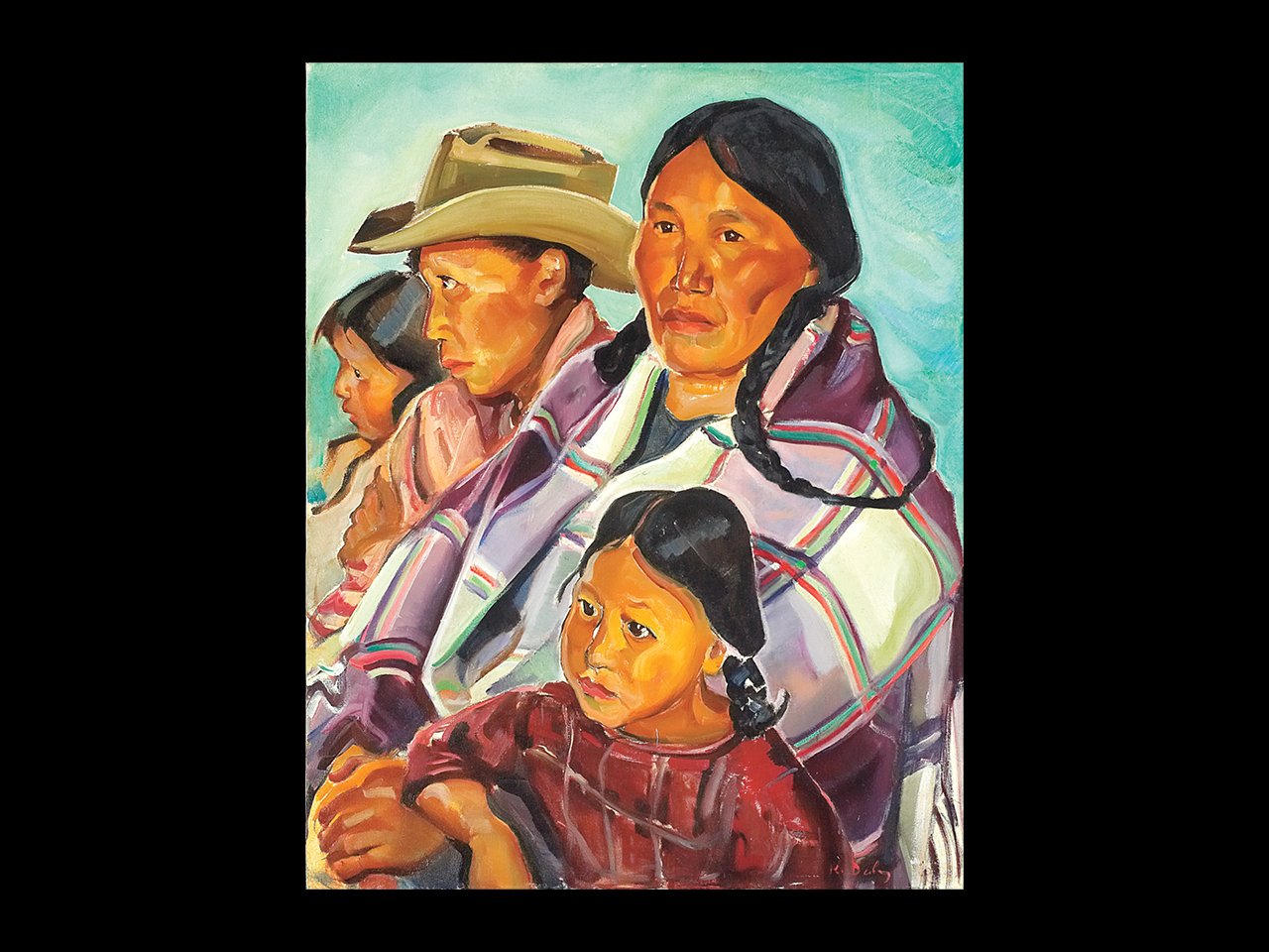 A photo of the painting "Chief Sitting Eagle's Family," four members of an Indigenous family