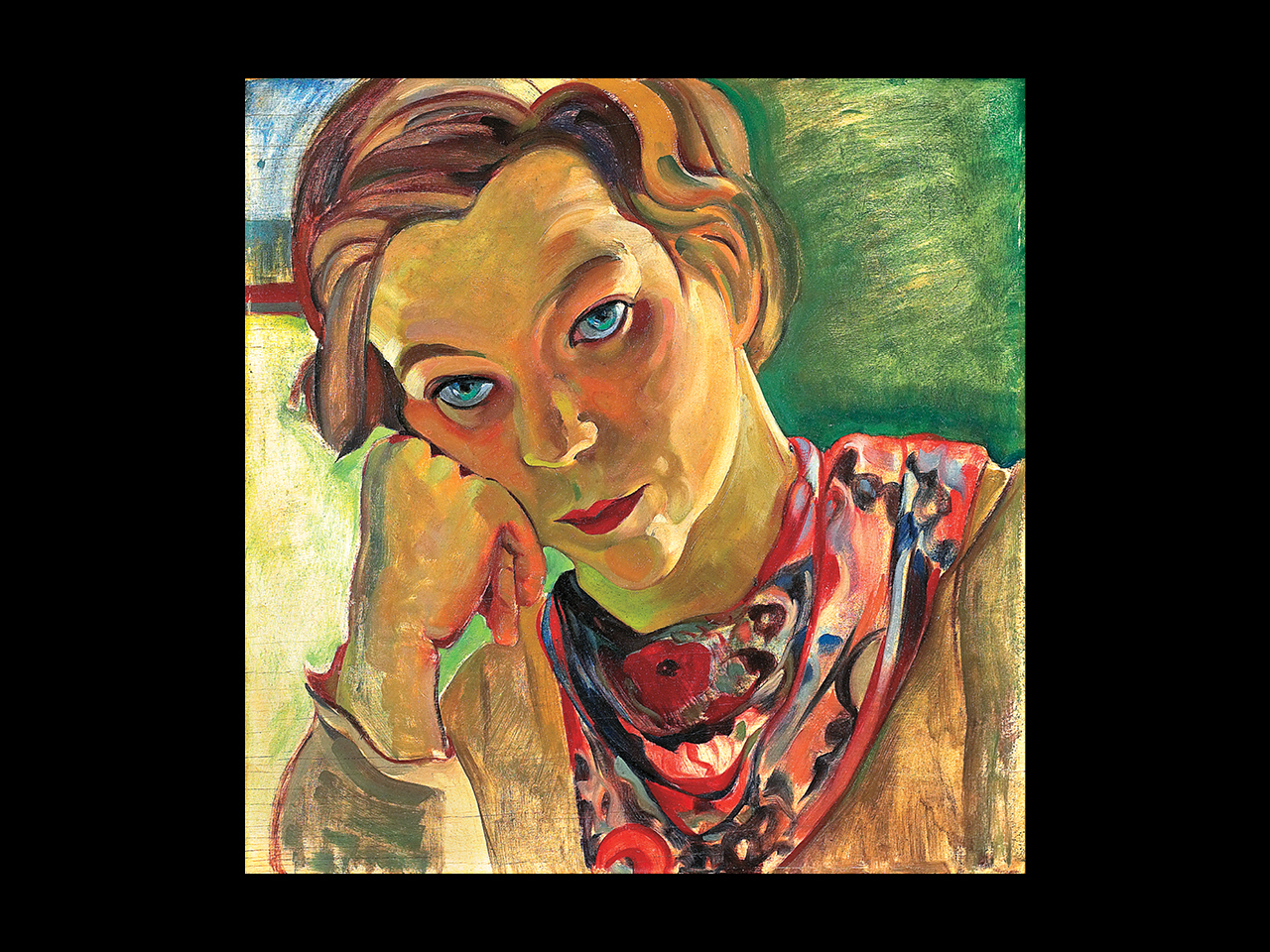 A photo of a painted self-portrait of the arts Pegi Nicol, a while woman with blue eyes and brown hair resting her head on her hand