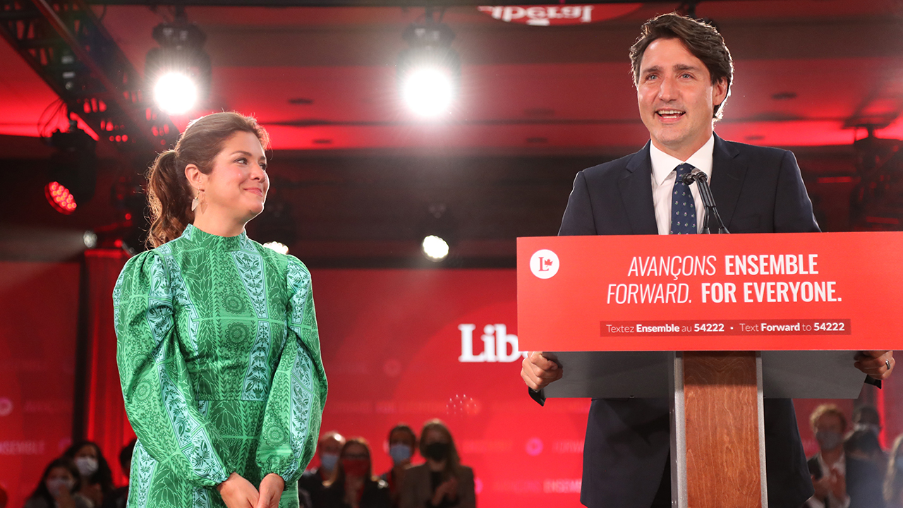 Justin Trudeau speaks alongside his wife Sophie Gregoire during a Liberal Party election night event in Montreal, Quebec, Canada, in the early hours of Tuesday, Sept. 21, 2021. (Photo: David Kawai/Bloomberg via Getty Images)