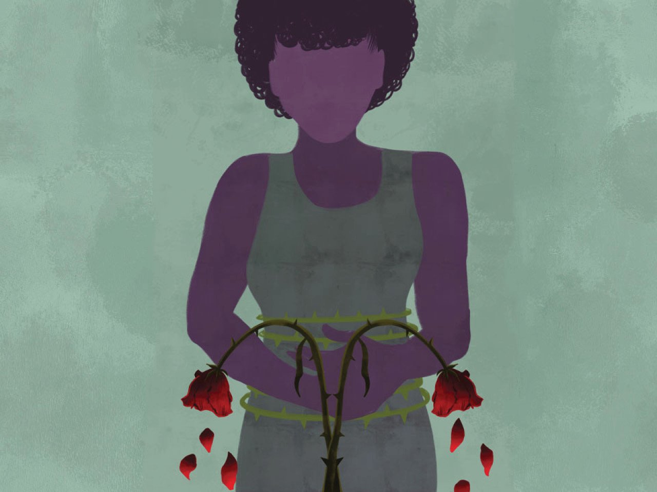 Illustration of a person standing with their hands on their stomach. Their stomach is wrapped in vines and there are two wilted roses in front of it. 