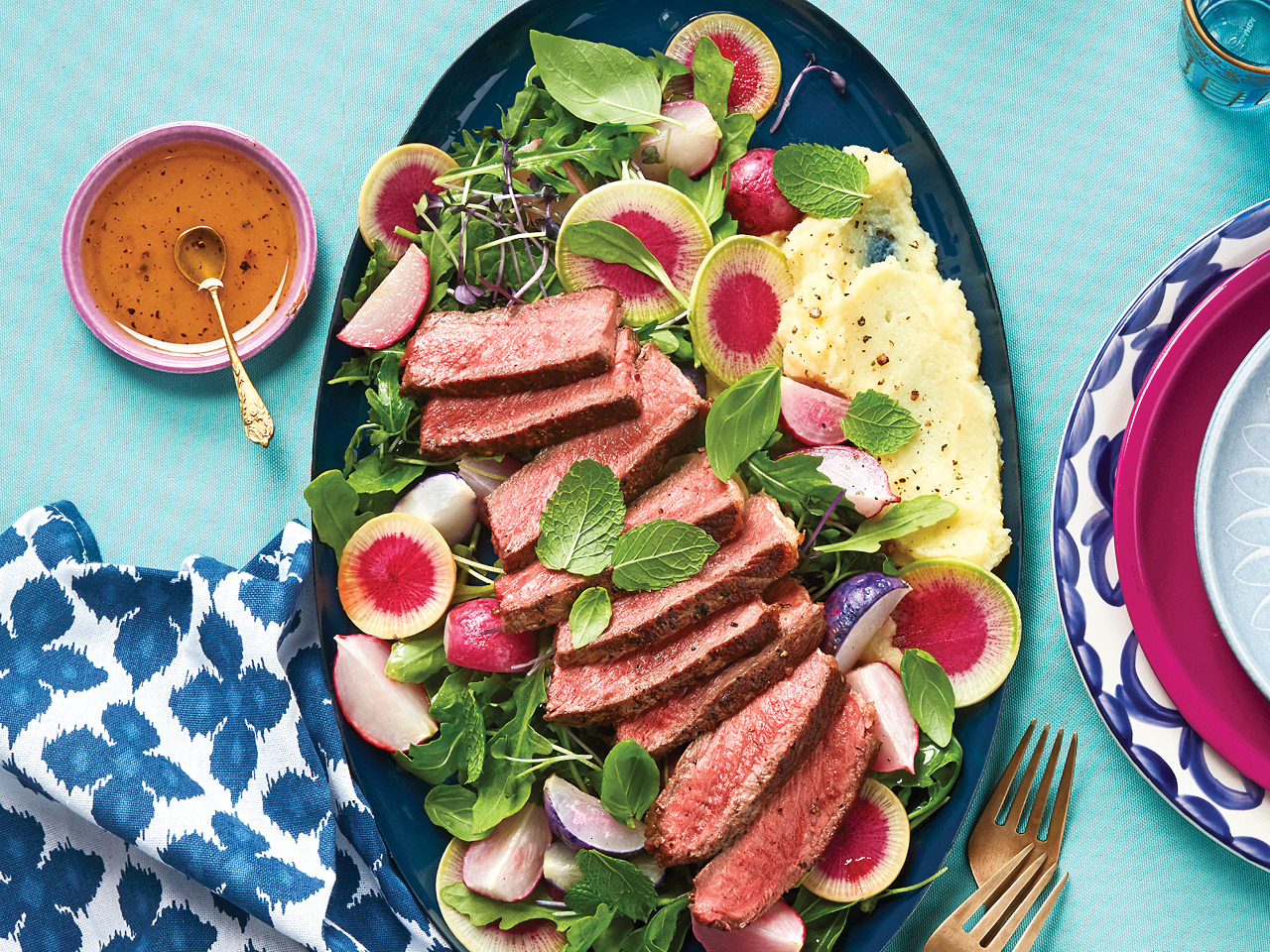 Rainbow Radish Steak Salad With Honey Vinaigrette