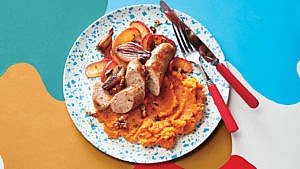 Roasted Sausages With Sweet Potato Mash
