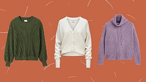 Three made-in-Canada fall sweaters against an orange background.