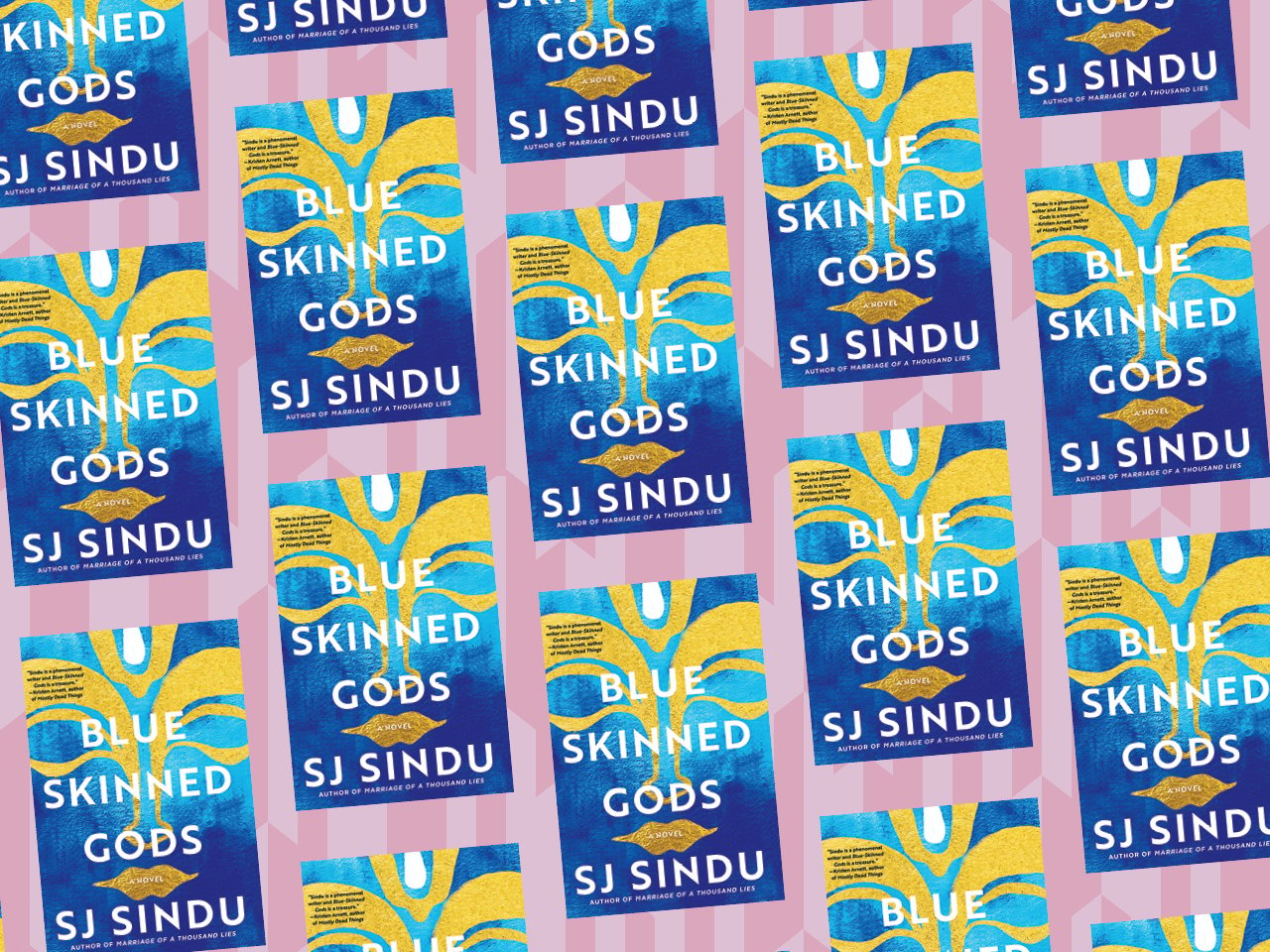 Picture of repeating rows of SJ Sindu's new book, Blue-Skinned Gods
