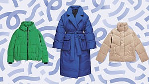 A bright green, a blue and a beige Canadian winter coats shown against a blue illustrated background.