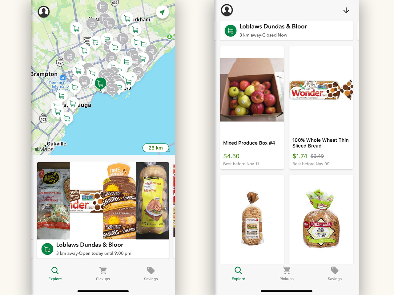 Screen shots of Flashfood food waste app
