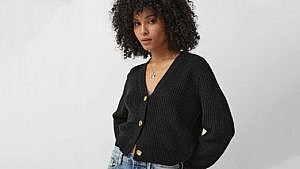 A model seen from the waist up wearing a black ribbed V-neck cardigan with gold buttons.