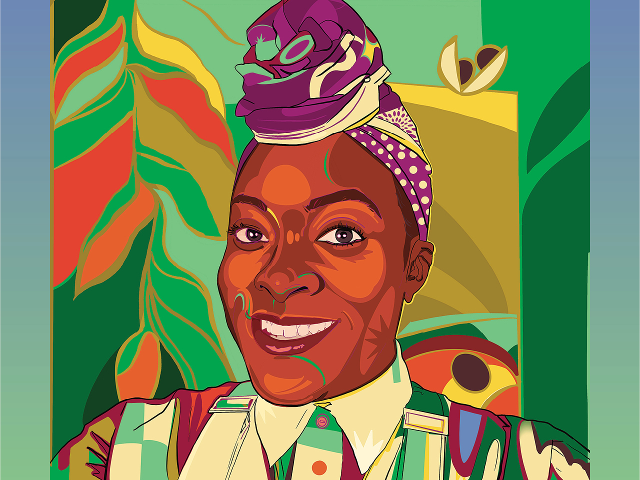 Illustration of a woman smiling and wearing a colourful shirt