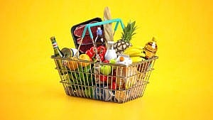 Shopping basket full of variety of grocery products, food and drink on yellow background. 3d illustration