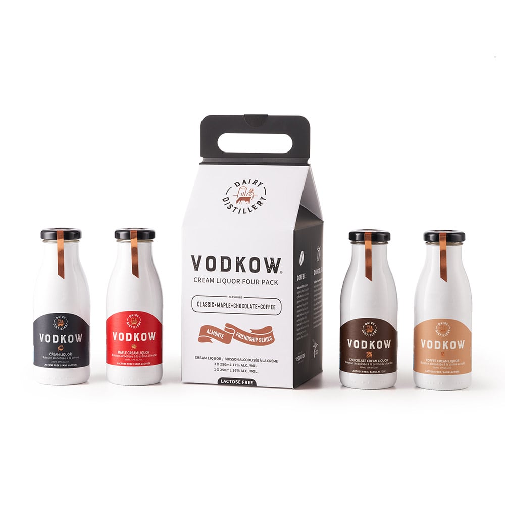 Four bottles of Vodkow in different flavours next to a box on a white background