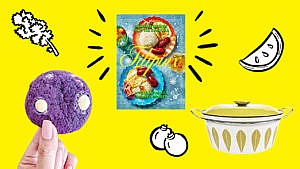 A tile of images on a yellow background, including: a hand holding a purple cookie; an illustration of a leaf of kale; the cover of the cookbook Filipinx; an illustration of berries and watermelon; and a green and white vintage casserole with a lid