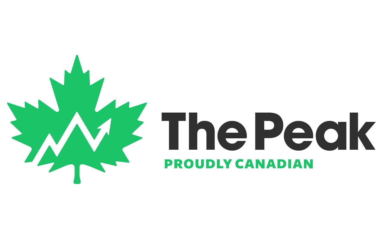 A green maple leaf graphic next to all caps text that reads "The Peak: Proudly Canadian"