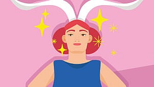 An illustration of a woman with antlers and stars against a pink background representing the Capricorn astrology horoscope sign