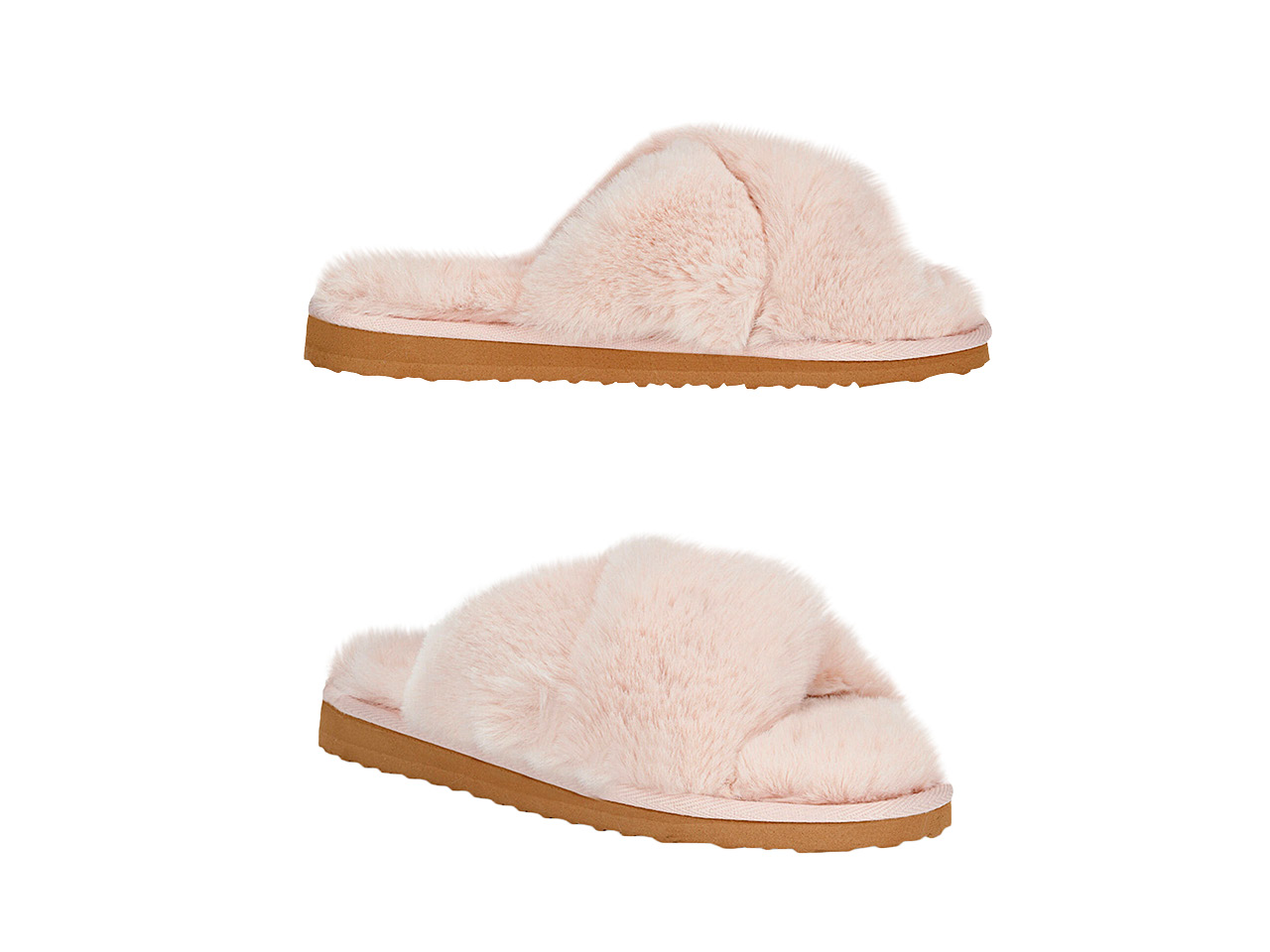 Fuzzy pair of beige slip-on slippers.