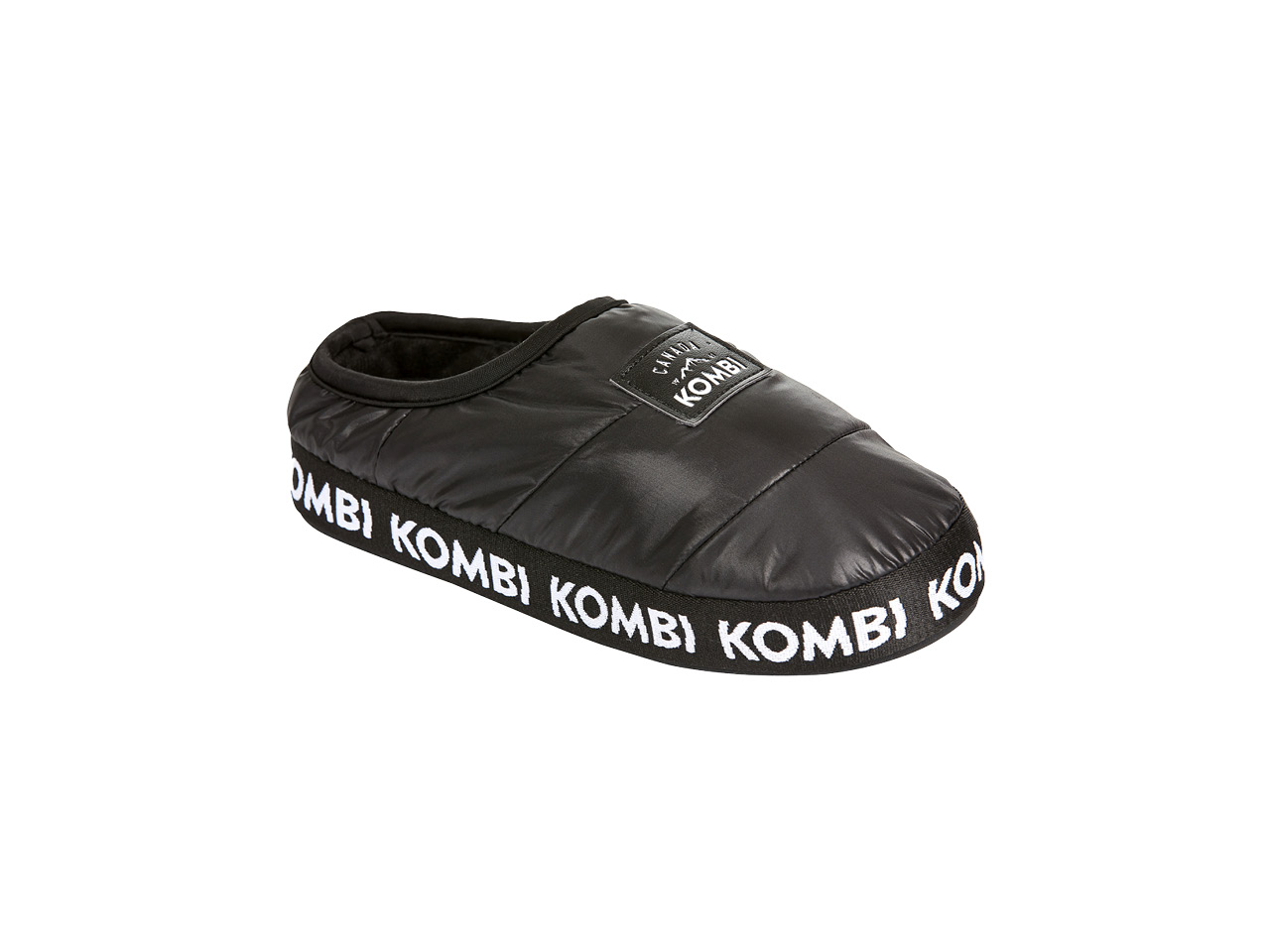 Black puff slippers with "Kombi" logo printed at the bottom.