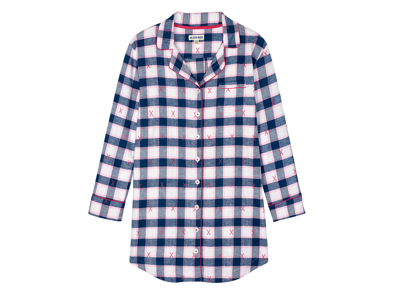 White and navy blue checkered flannel nightshirt.
