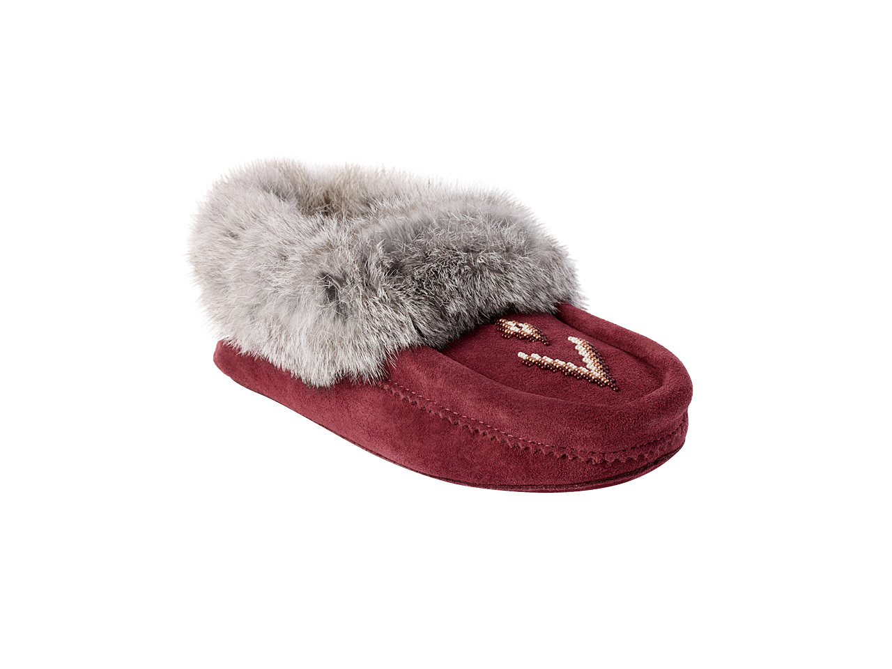 A burgundy moccasin shoe. with grey lining. 