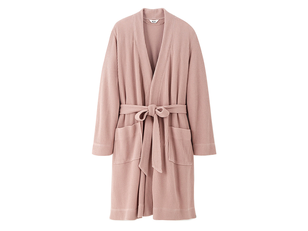 A pink bathrobe tied at the front. 