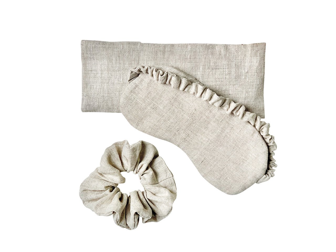 Matching grey scrunchie, sleep mask and pillow.