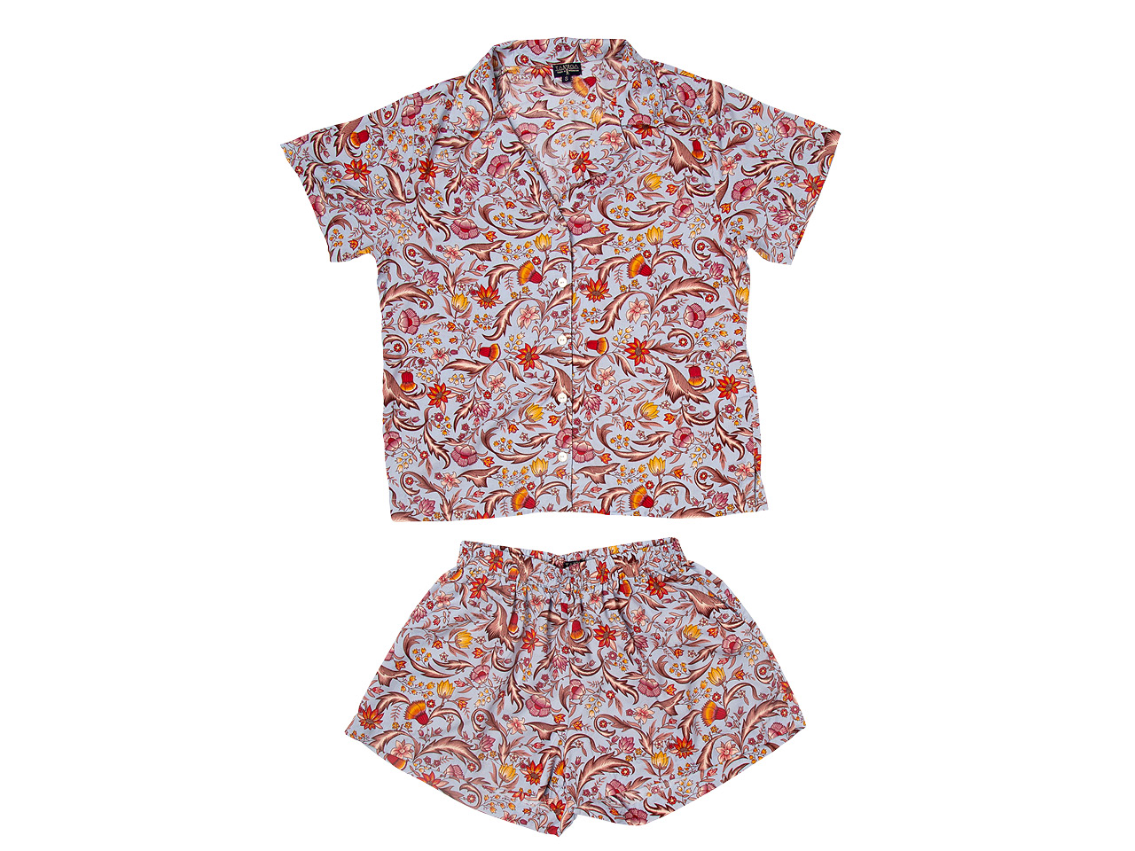 Matching printed short sleeve shirt and shorts sleepwear set.