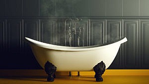 A steaming white claw-footed bathtub in a dark blue and yellow bathroom for a piece on how to heat hot water the environmentally friendly way