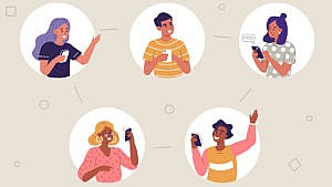 An illustration of six people communicating via smartphones.
