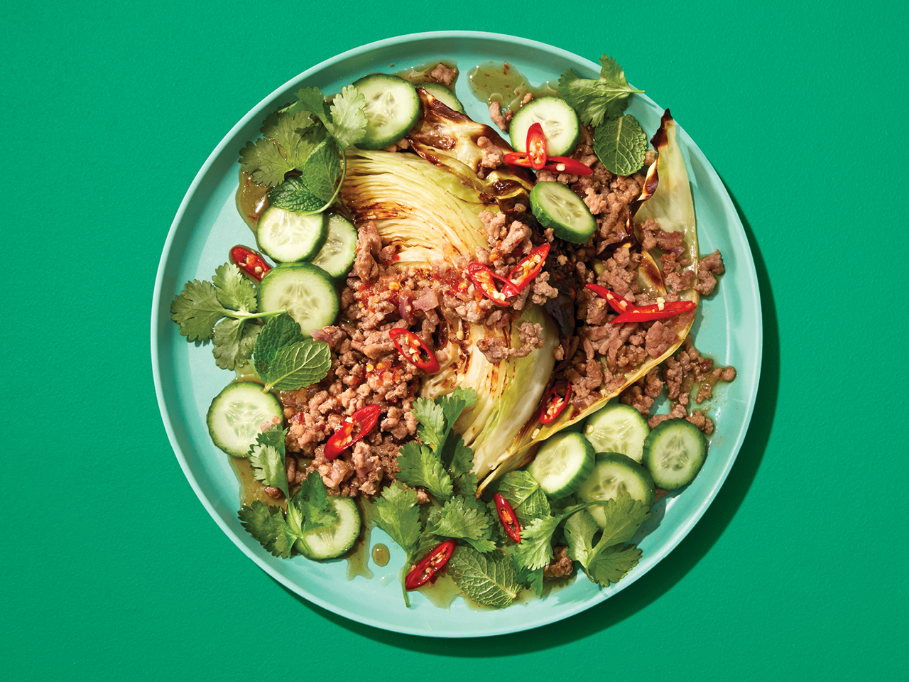 Roasted Cabbage with Pork Larb Salad