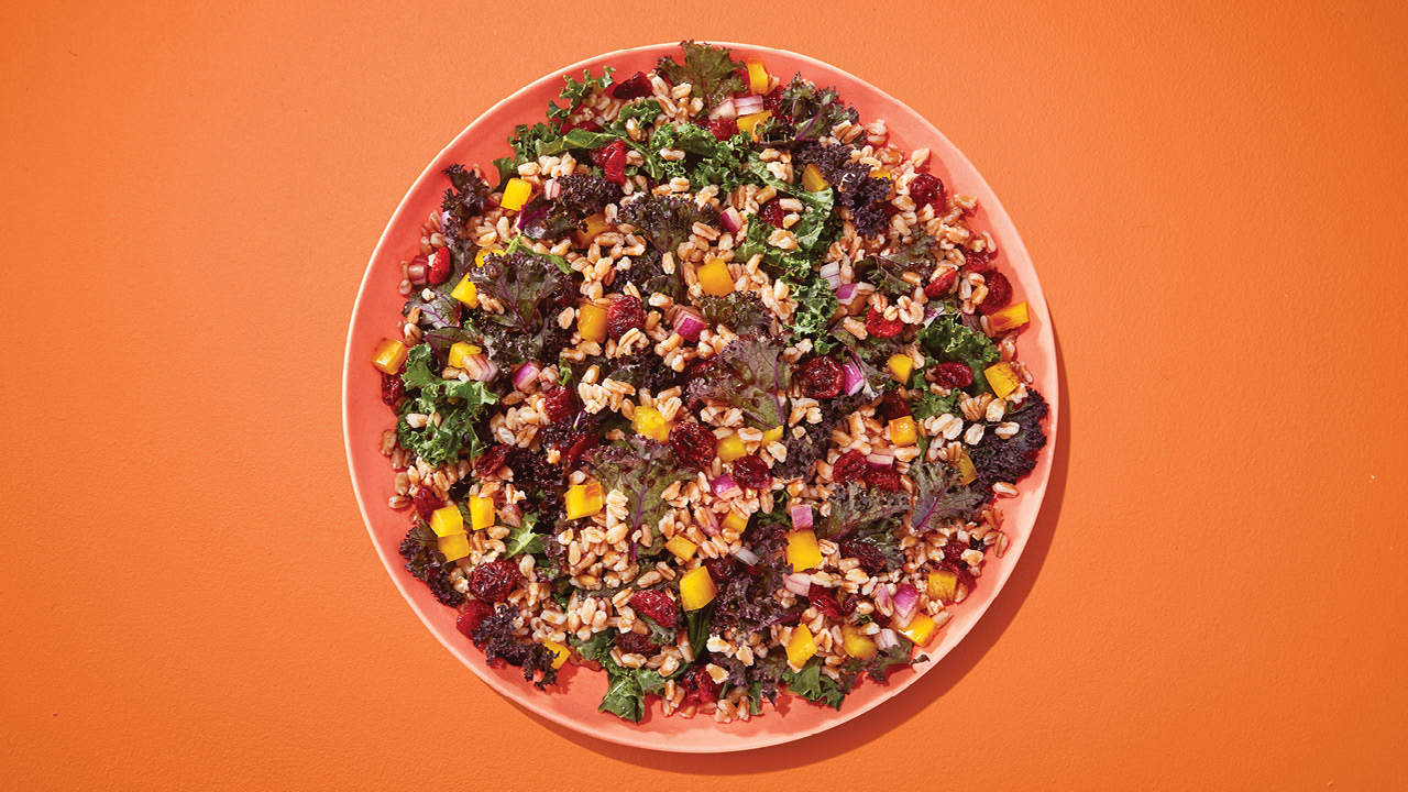 Salad with kale, cranberries, chopped onion and wheatberry on an orange plate on an orange table.